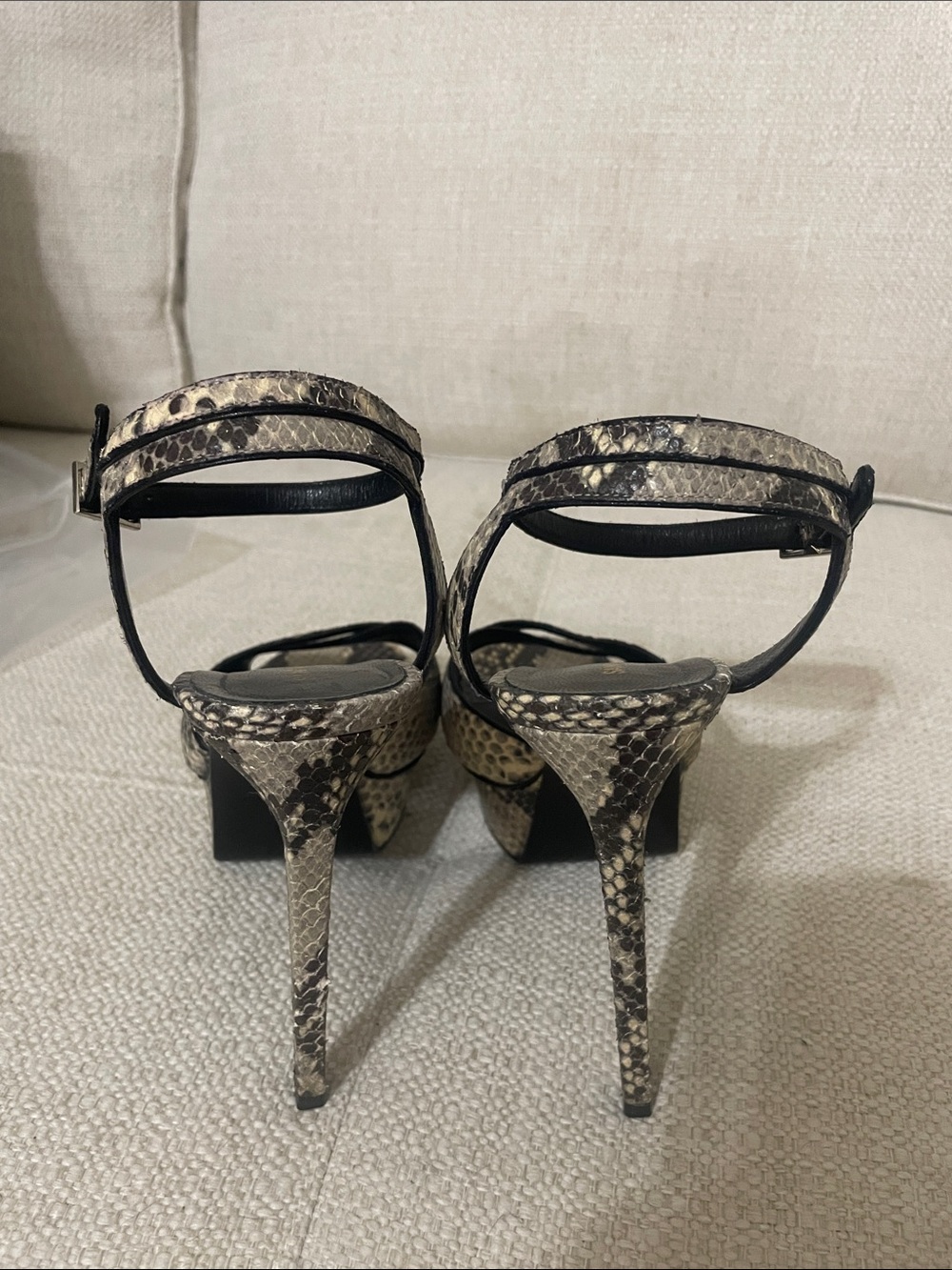 Saint Laurent Black & Neutral Snake-Print Ankle Strap Heels - Picture 5 of 8